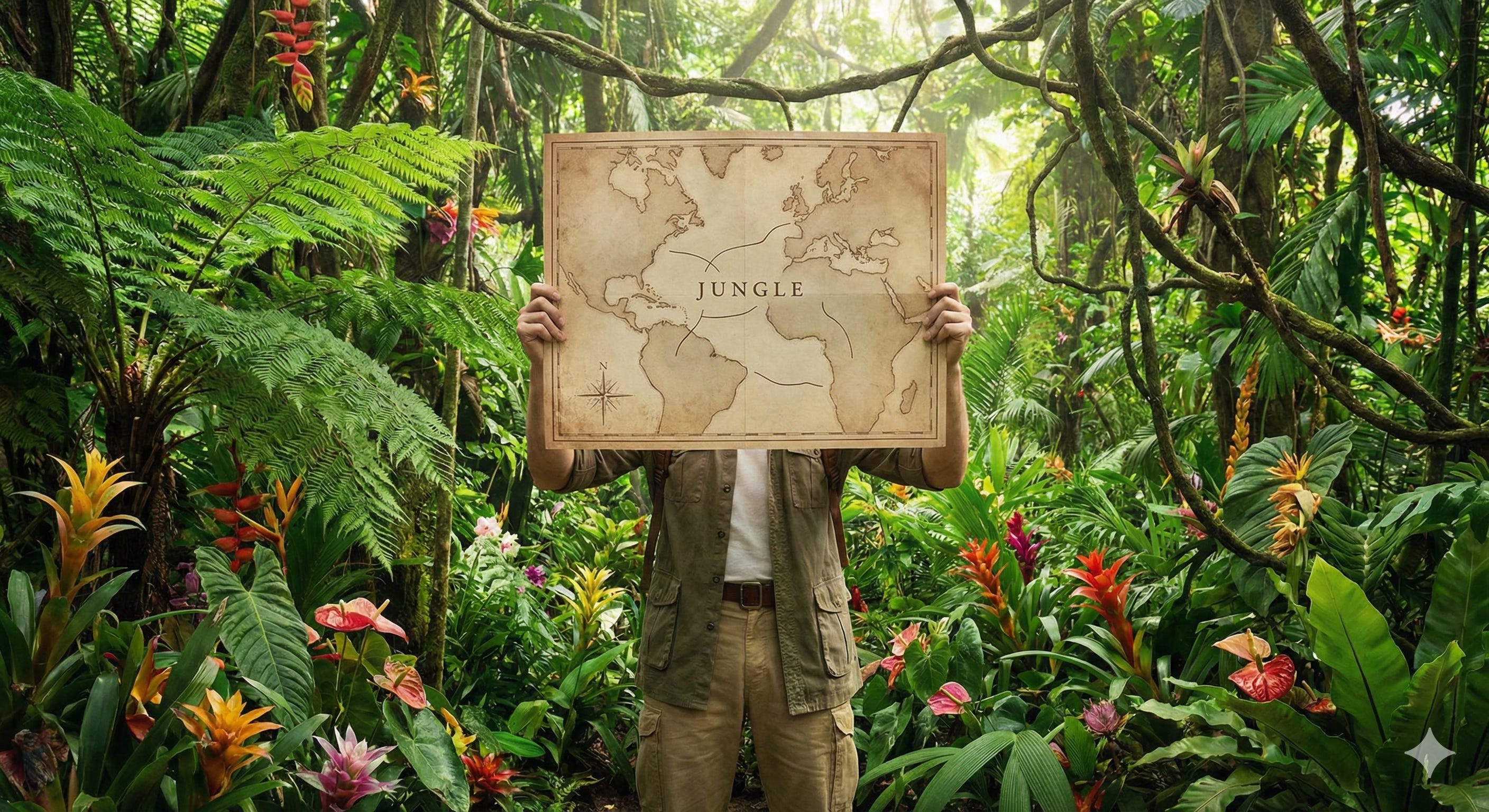 A man looking for his way in the jungle looking at a map but not seeing the actual territory
