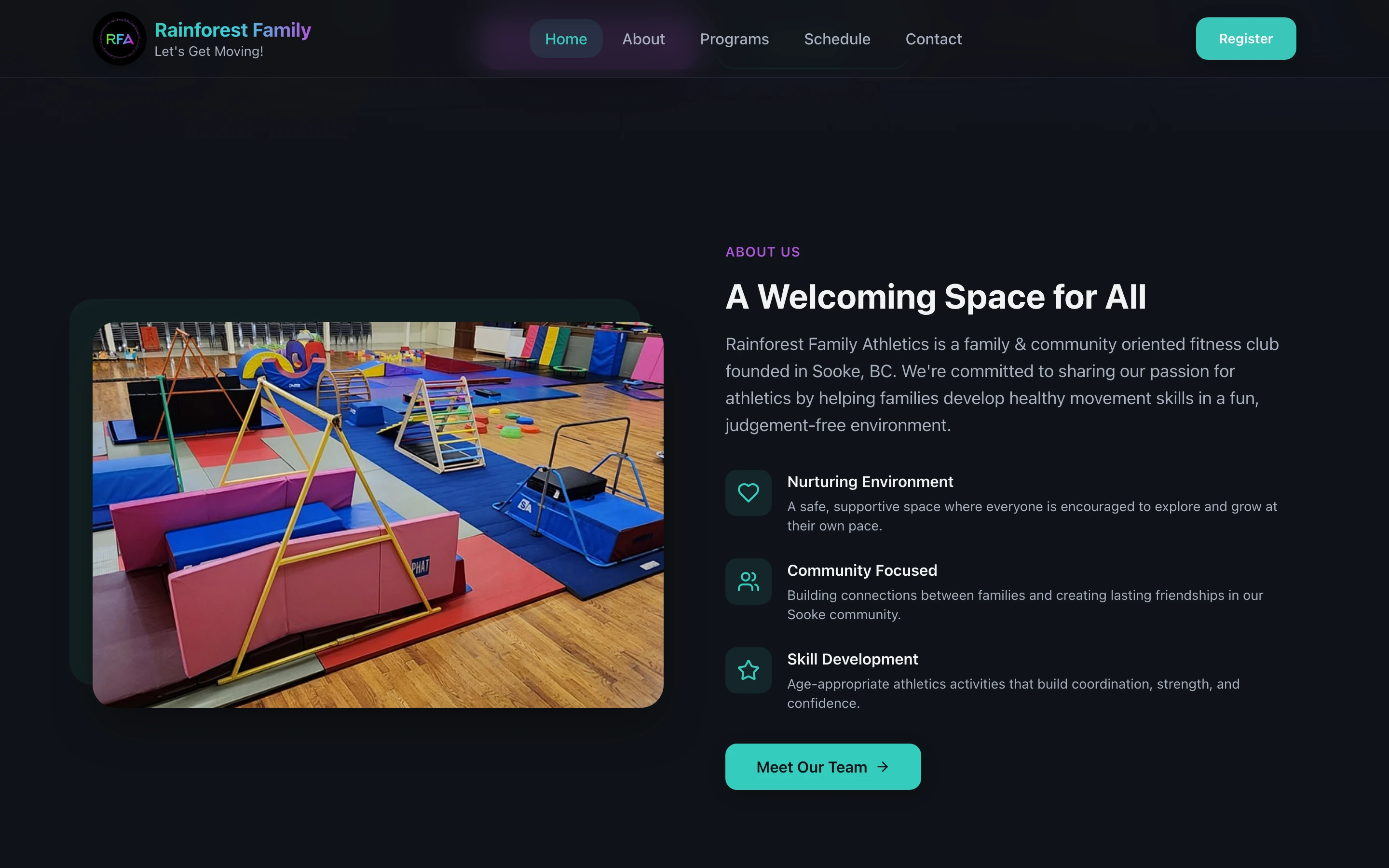 About section with photo of the play space